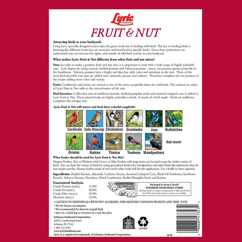 Lyric Fruit and Nut Wild Bird Seed - High Energy Wild Bird Food Mix - Attracts Woodpeckers, Chickadees & Other Songbirds - 10 lb. (pack of 2 - 5 lb bags) - Image 4